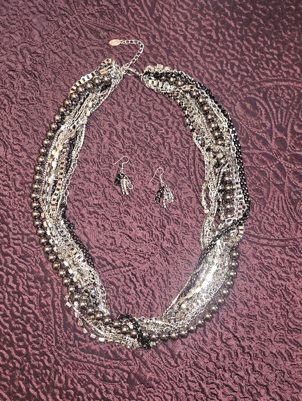 Layered Silver-tone and Black Multi-Chain Statement Necklace and Earring Set